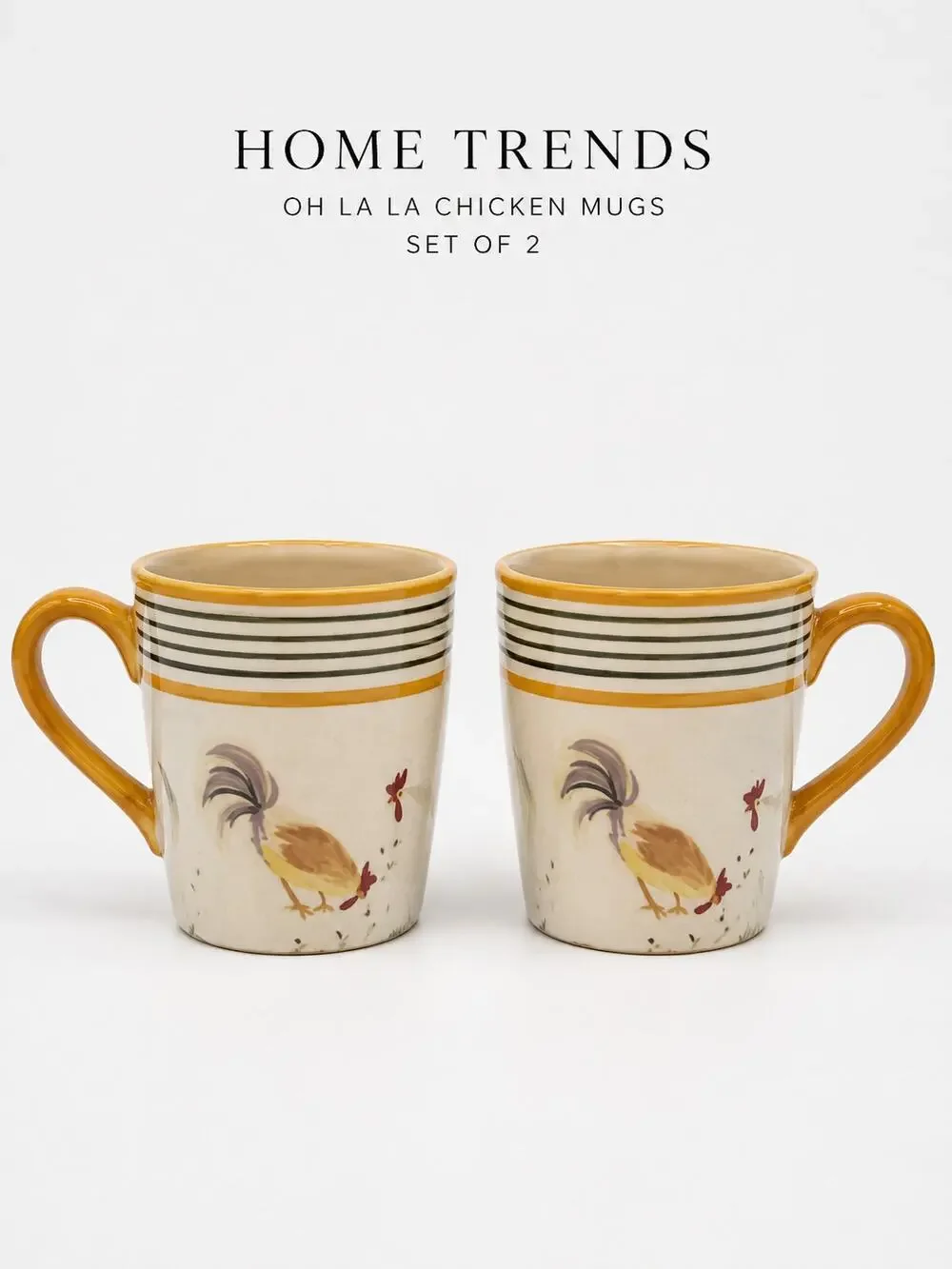 Home Trends Oh La La Chicken Rooster Coffee Mugs Set of 2 Farmhouse